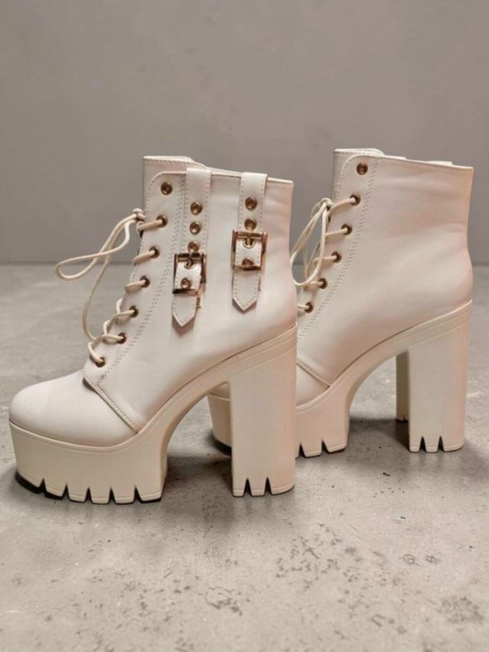 Lace-Up Platform Chunky Heel Ankle Boots With Gold Buckle Detail Faux Leather